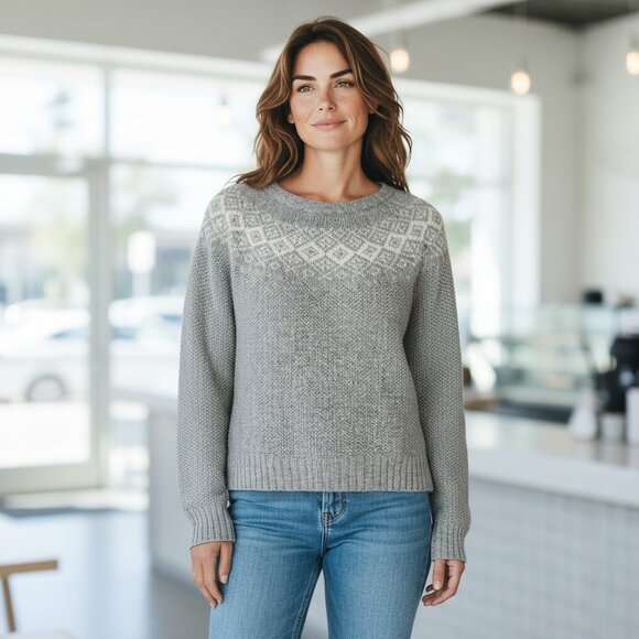 Marine Layer Fair Isle Sweater Gray Wool Blend Crew Neck Pullover Knit Medium - Picture 1 of 10